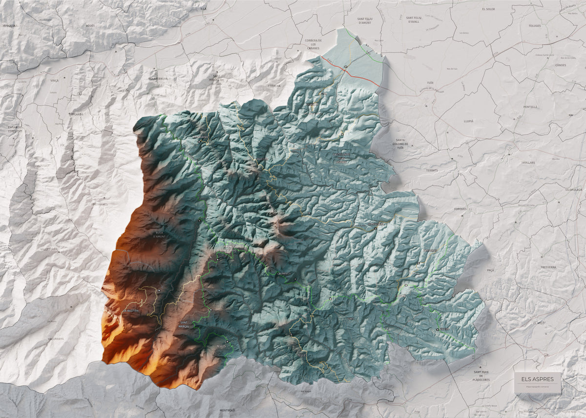 Mapa de relleu dels Aspres, amb el territori en color i l’entorn en blanc. Vista completa de la làmina. 50 × 70 cm. Estil Blau i taronja.