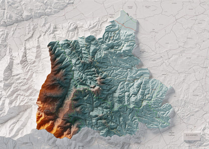 Mapa de relleu dels Aspres, amb el territori en color i l’entorn en blanc. Vista completa de la làmina. 50 × 70 cm. Estil Blau i taronja.