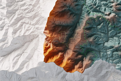 Mapa de relleu dels Aspres, amb el territori en color i l’entorn en blanc. Detall de la part inferior esquerra. 61 × 91 cm. Estil Blau i taronja.
