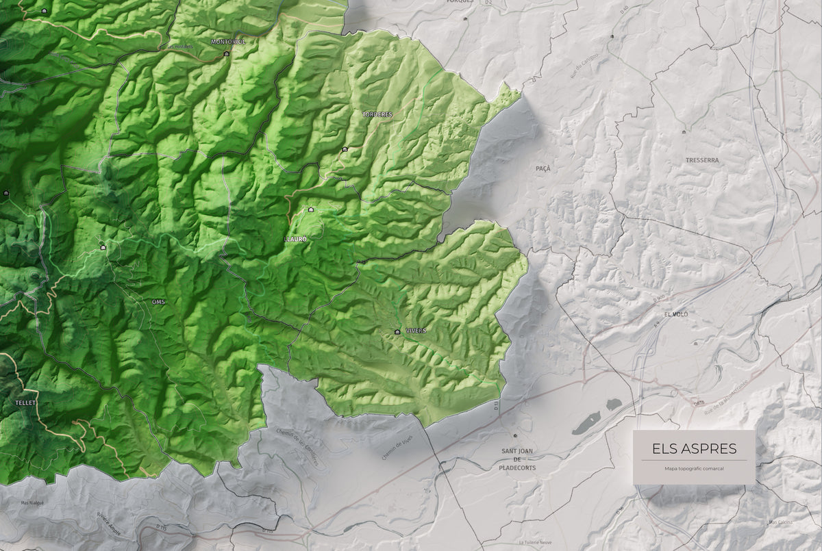 Mapa de relleu dels Aspres, amb el territori en color i l’entorn en blanc. Detall de la part inferior dreta. 61 × 91 cm. Estil Clàssic.