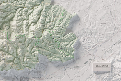 Mapa de relleu dels Aspres, amb el territori en color i l’entorn en blanc. Detall de la part inferior dreta. 61 × 91 cm. Estil Cartogràfic.