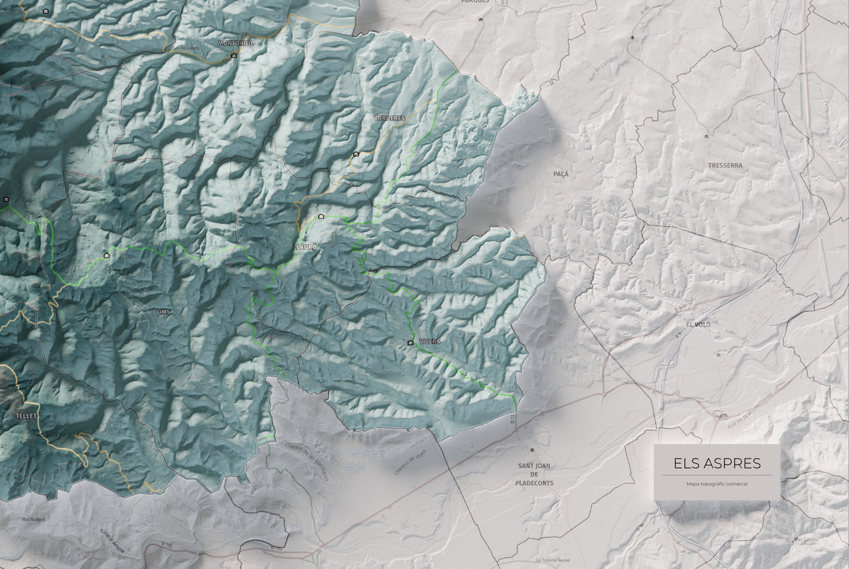 Mapa de relleu dels Aspres, amb el territori en color i l’entorn en blanc. Detall de la part inferior dreta. 61 × 91 cm. Estil Blau i taronja.