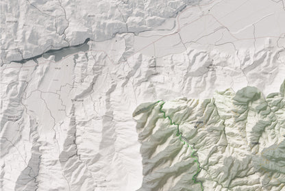 Mapa de relleu dels Aspres, amb el territori en color i l’entorn en blanc. Detall de la part superior esquerra. 61 × 91 cm. Estil Cartogràfic.