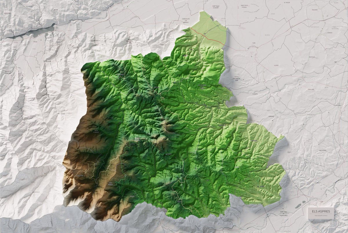 Mapa de relleu dels Aspres, amb el territori en color i l’entorn en blanc. Vista completa de la làmina. 61 × 91 cm. Estil Clàssic.