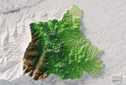 Mapa de relleu dels Aspres, amb el territori en color i l’entorn en blanc. Vista completa de la làmina. 61 × 91 cm. Estil Clàssic.