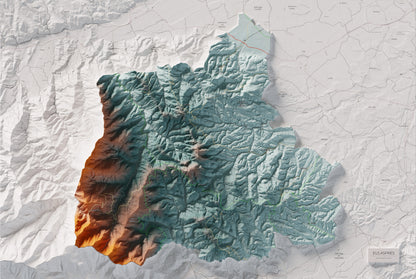Mapa de relleu dels Aspres, amb el territori en color i l’entorn en blanc. Vista completa de la làmina. 61 × 91 cm. Estil Blau i taronja.