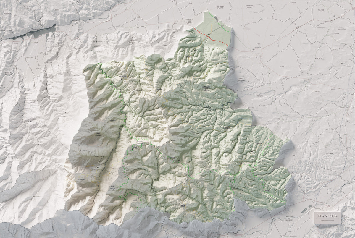 Mapa de relleu dels Aspres, amb el territori en color i l’entorn en blanc. Vista completa de la làmina. 61 × 91 cm. Estil Cartogràfic.