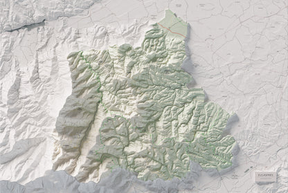 Mapa de relleu dels Aspres, amb el territori en color i l’entorn en blanc. Vista completa de la làmina. 61 × 91 cm. Estil Cartogràfic.
