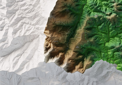 Mapa de relleu dels Aspres, amb el territori en color i l’entorn en blanc. Detall de la part inferior esquerra. 70 × 100 cm. Estil Clàssic.
