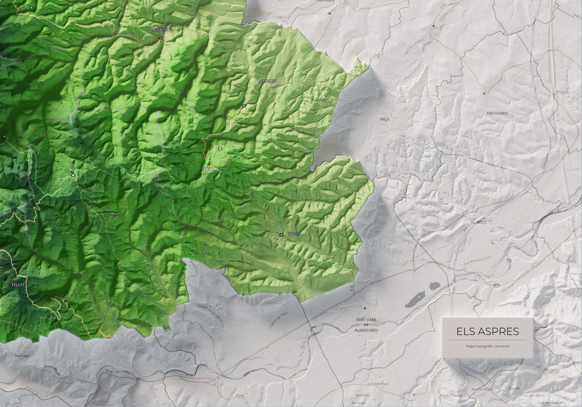 Mapa de relleu dels Aspres, amb el territori en color i l’entorn en blanc. Detall de la part inferior dreta. 70 × 100 cm. Estil Clàssic.