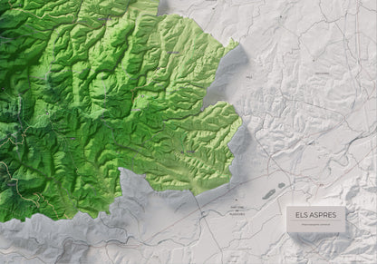 Mapa de relleu dels Aspres, amb el territori en color i l’entorn en blanc. Detall de la part inferior dreta. 70 × 100 cm. Estil Clàssic.