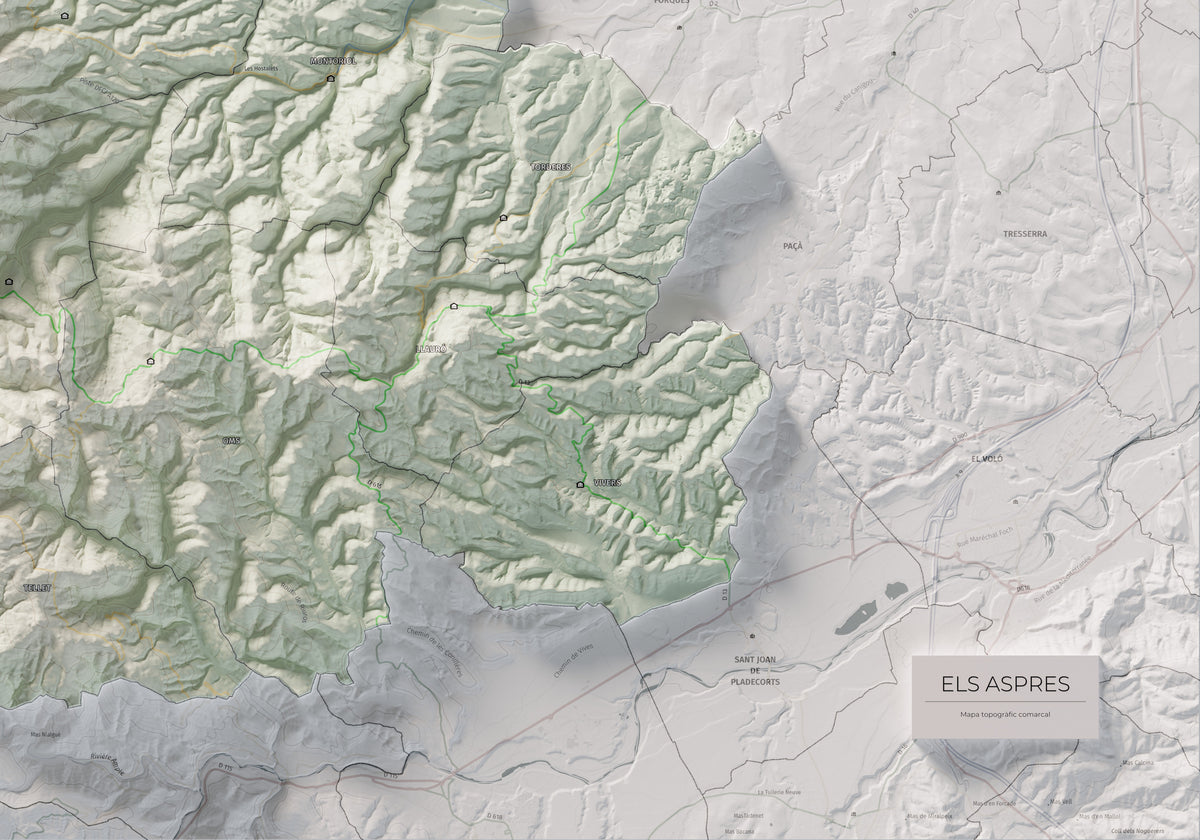 Mapa de relleu dels Aspres, amb el territori en color i l’entorn en blanc. Detall de la part inferior dreta. 70 × 100 cm. Estil Cartogràfic.