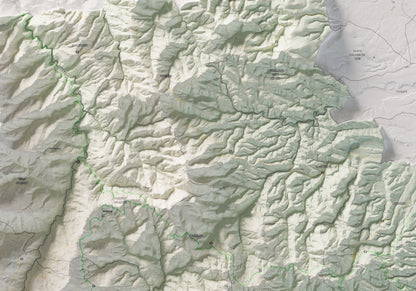 Mapa de relleu dels Aspres, amb el territori en color i l’entorn en blanc. Detall de la part central. 70 × 100 cm. Estil Cartogràfic.