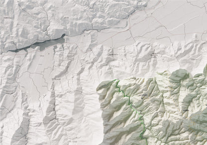 Mapa de relleu dels Aspres, amb el territori en color i l’entorn en blanc. Detall de la part superior esquerra. 70 × 100 cm. Estil Cartogràfic.
