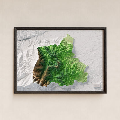 Mapa de relleu dels Aspres, amb el territori en color i l’entorn en blanc. Presentació amb marc. 70 × 100 cm. Estil Clàssic.