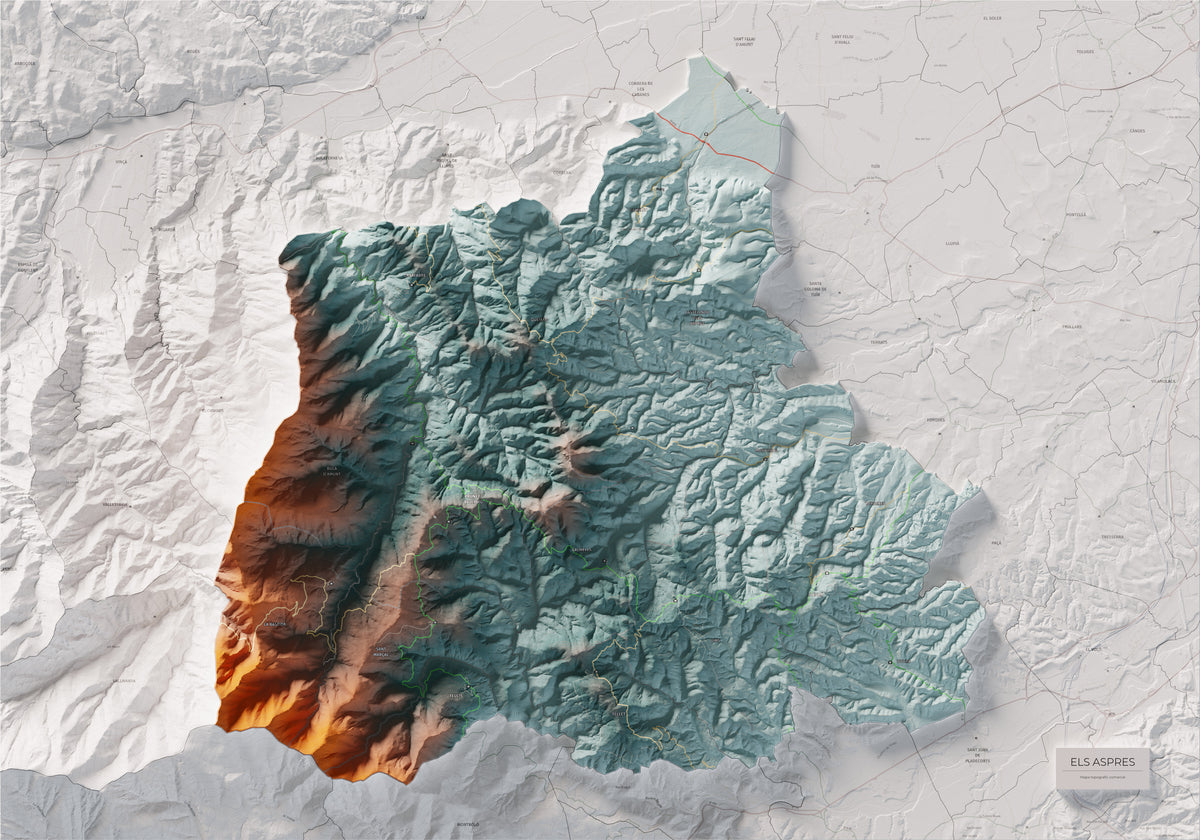 Mapa de relleu dels Aspres, amb el territori en color i l’entorn en blanc. Vista completa de la làmina. 70 × 100 cm. Estil Blau i taronja.