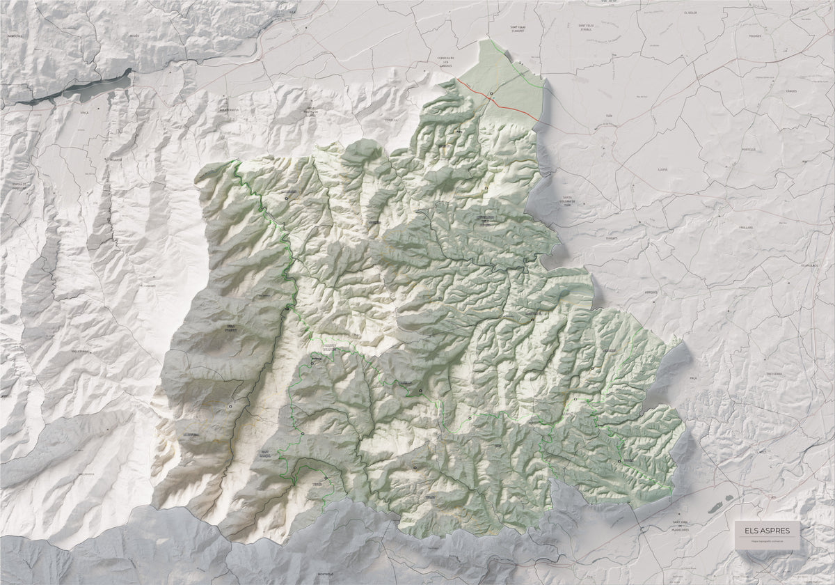 Mapa de relleu dels Aspres, amb el territori en color i l’entorn en blanc. Vista completa de la làmina. 70 × 100 cm. Estil Cartogràfic.