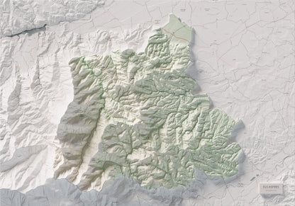 Mapa de relleu dels Aspres, amb el territori en color i l’entorn en blanc. Vista completa de la làmina. 70 × 100 cm. Estil Cartogràfic.