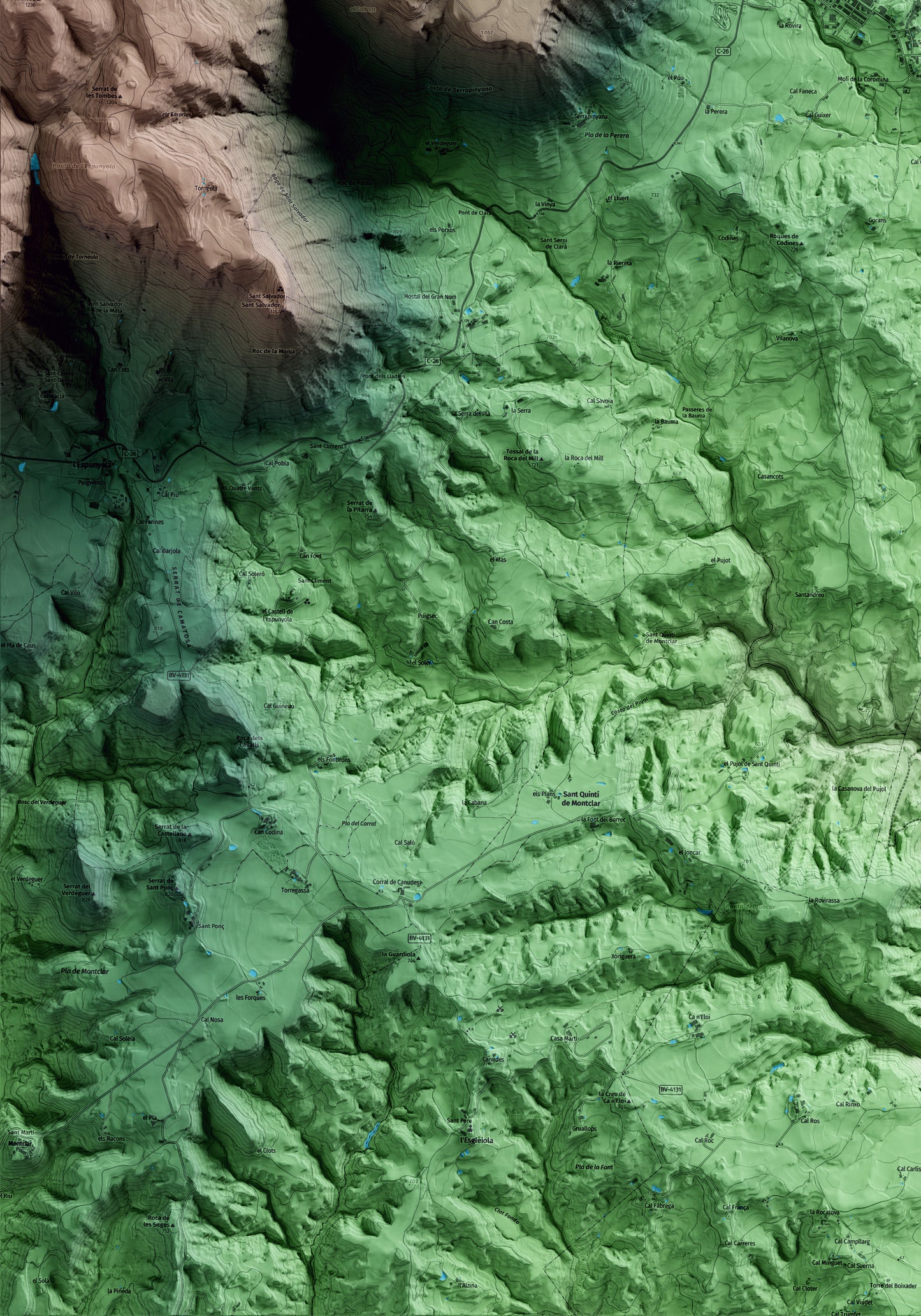 Mapa artístico del relieve de Avià, al Berguedà, con 15 km de entorno y base topográfica ICGC. Detalle de la zona inferior izquierda.