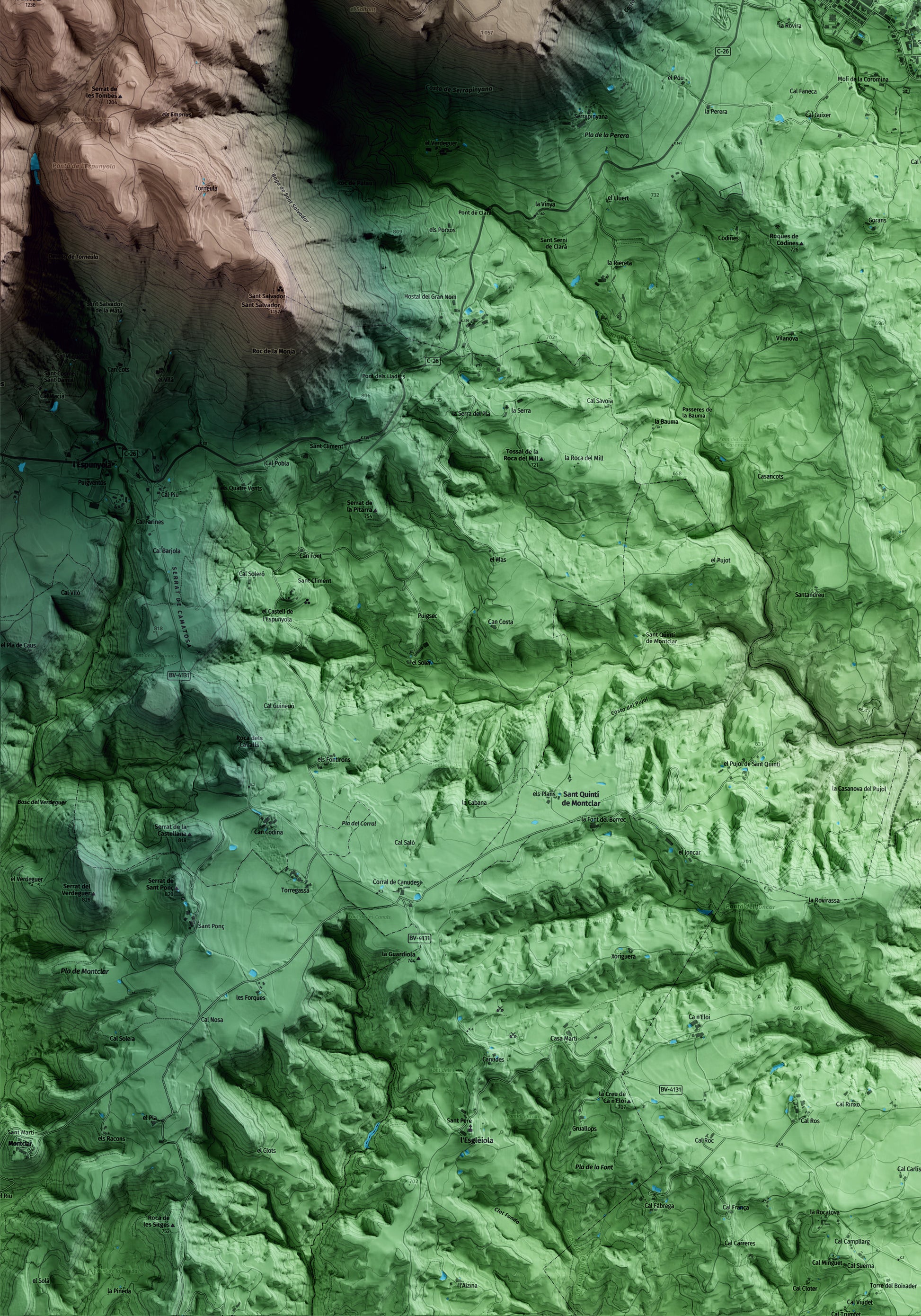 Mapa artístico del relieve de Avià, al Berguedà, con 15 km de entorno y base topográfica ICGC. Detalle de la zona inferior izquierda.