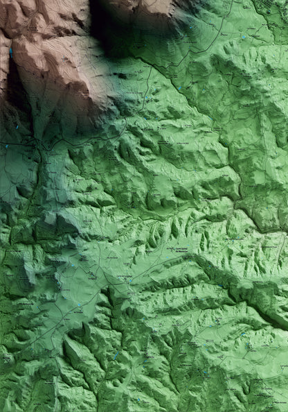 Mapa artístico del relieve de Avià, al Berguedà, con 15 km de entorno y base topográfica ICGC. Detalle de la zona inferior izquierda.