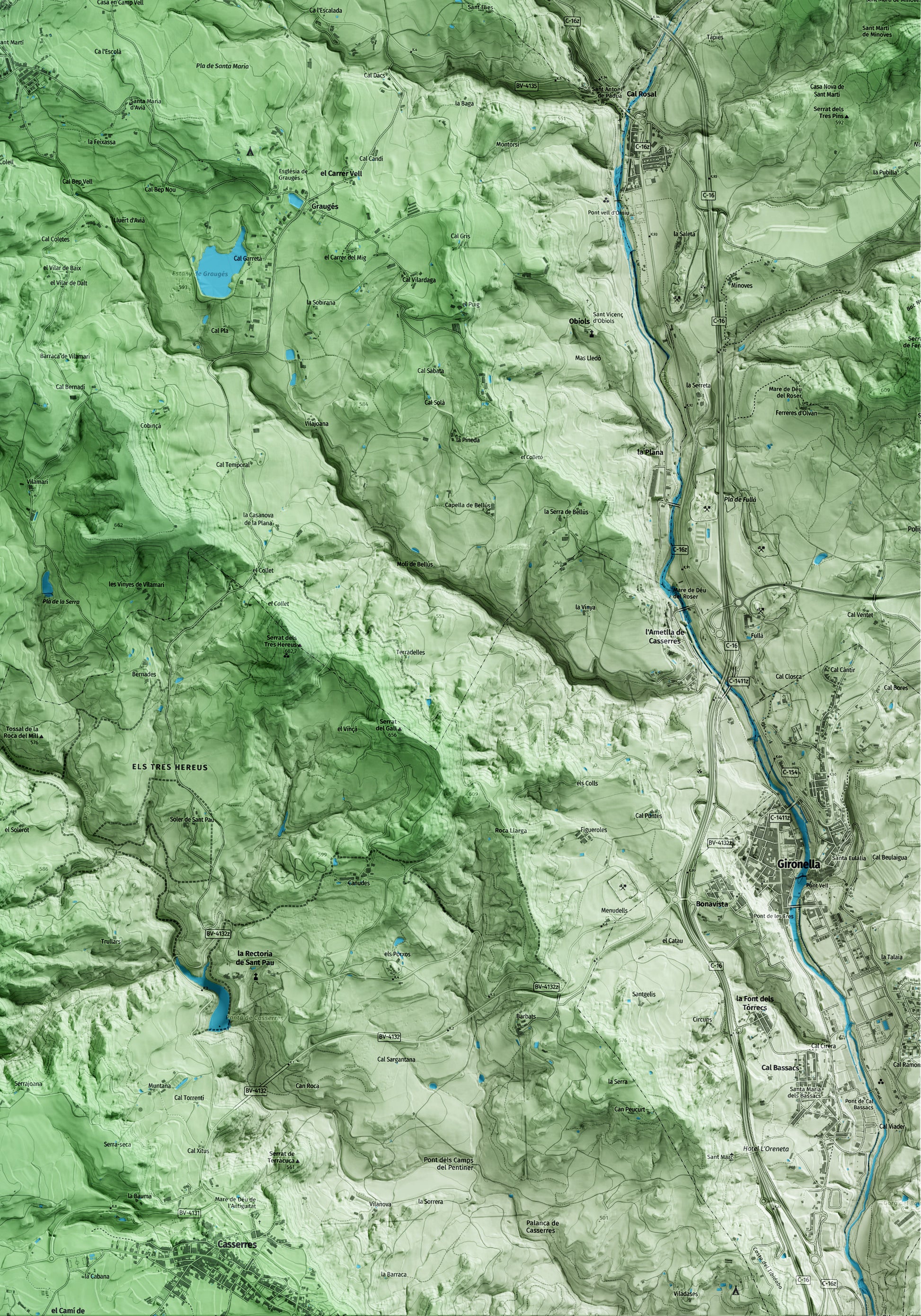Mapa artístico del relieve de Avià, al Berguedà, con 15 km de entorno y base topográfica ICGC. Detalle de la zona inferior derecha.