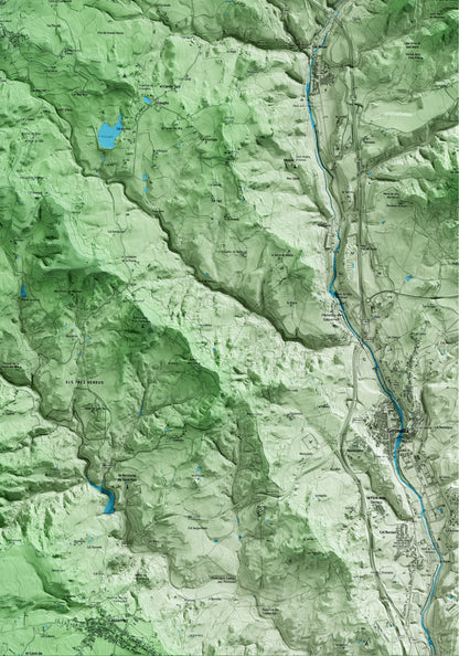 Mapa artístico del relieve de Avià, al Berguedà, con 15 km de entorno y base topográfica ICGC. Detalle de la zona inferior derecha.