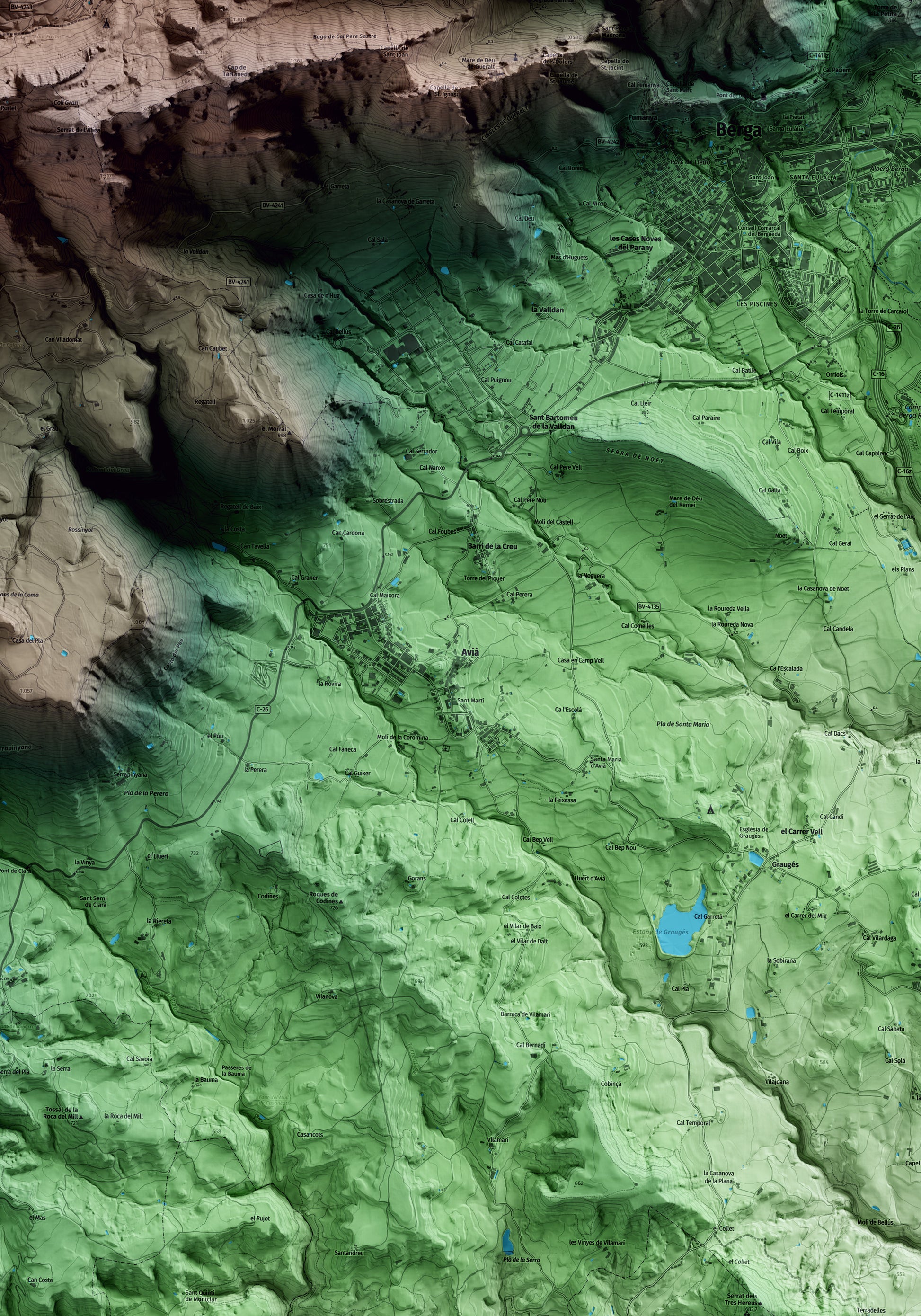 Mapa artístico del relieve de Avià, al Berguedà, con 15 km de entorno y base topográfica ICGC. Detalle de la zona central.