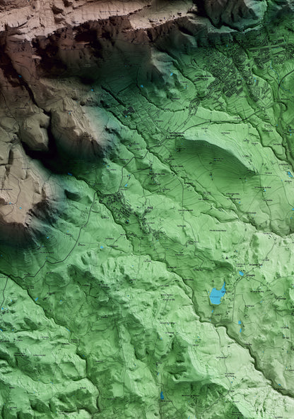Mapa artístico del relieve de Avià, al Berguedà, con 15 km de entorno y base topográfica ICGC. Detalle de la zona central.