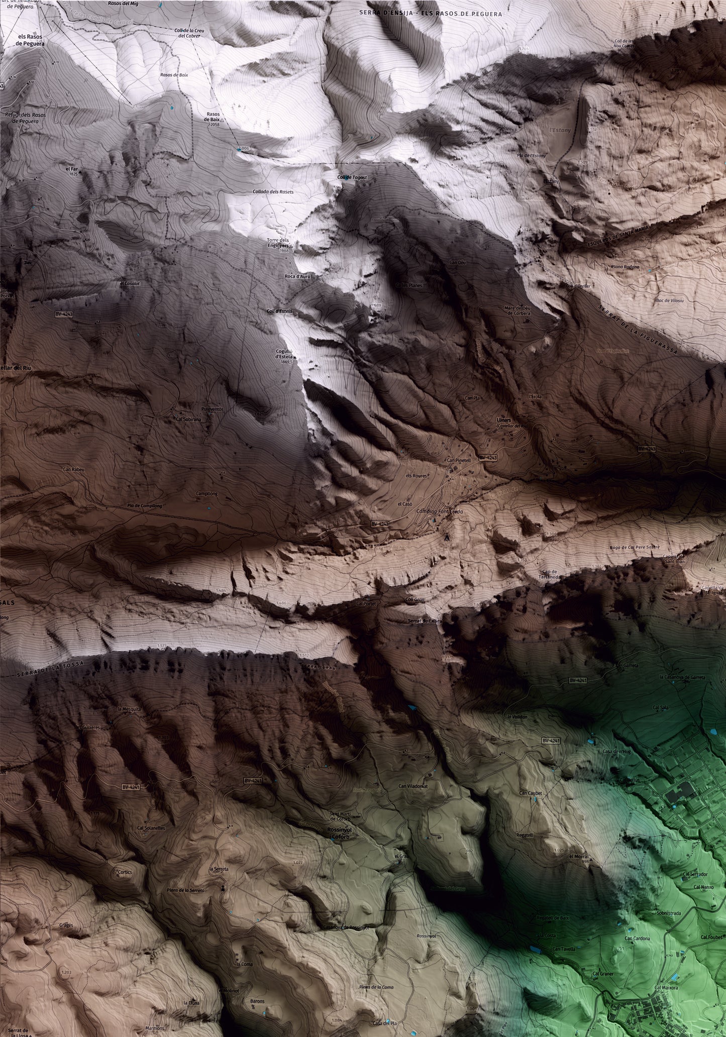 Mapa artístico del relieve de Avià, al Berguedà, con 15 km de entorno y base topográfica ICGC. Detalle de la zona superior izquierda.