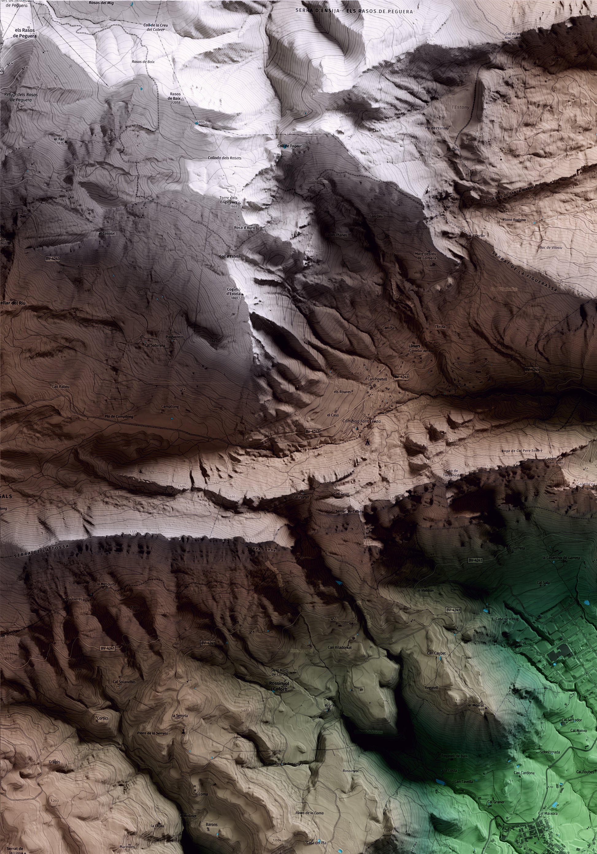 Mapa artístico del relieve de Avià, al Berguedà, con 15 km de entorno y base topográfica ICGC. Detalle de la zona superior izquierda.