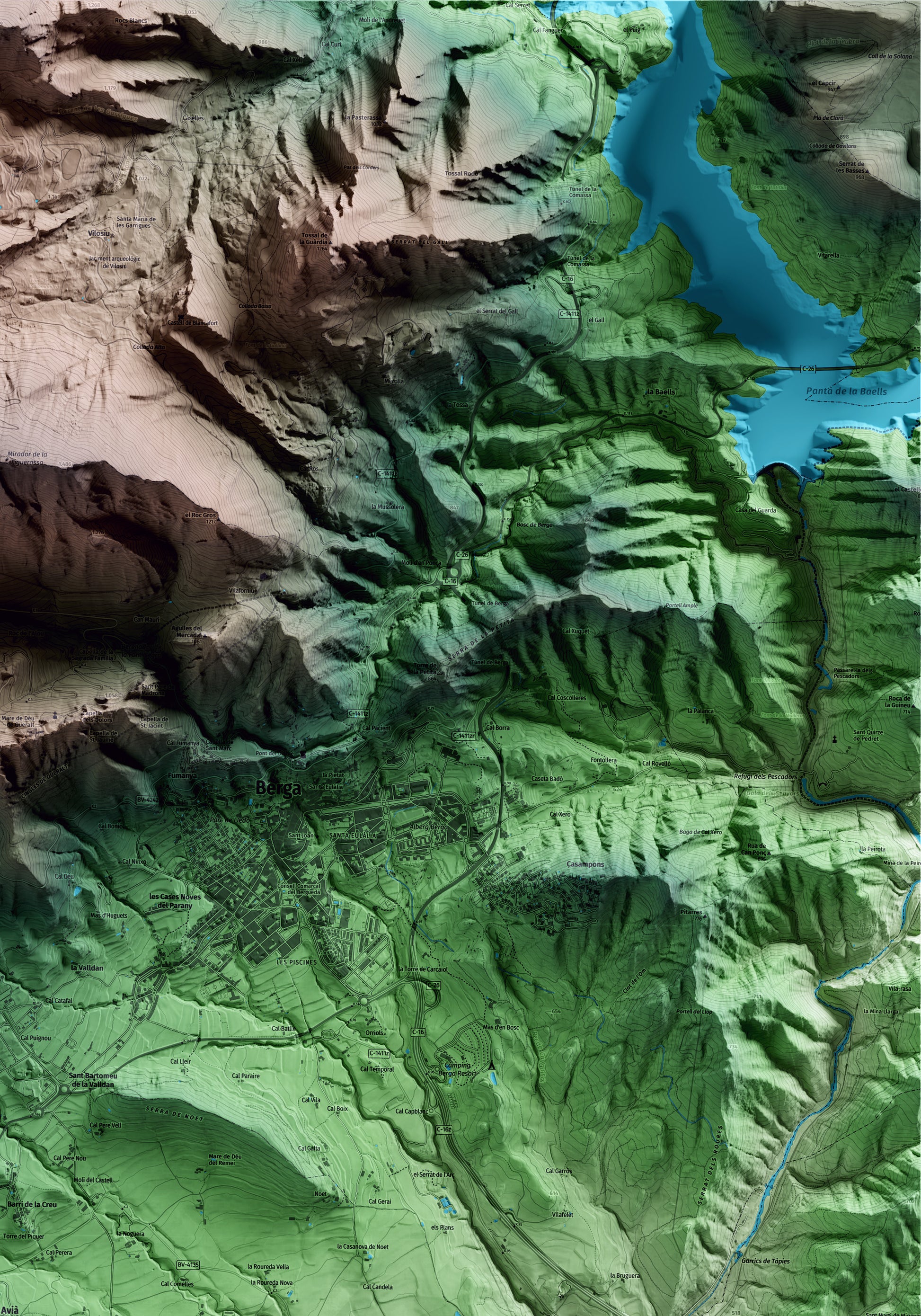 Mapa artístico del relieve de Avià, al Berguedà, con 15 km de entorno y base topográfica ICGC. Detalle de la zona superior derecha.
