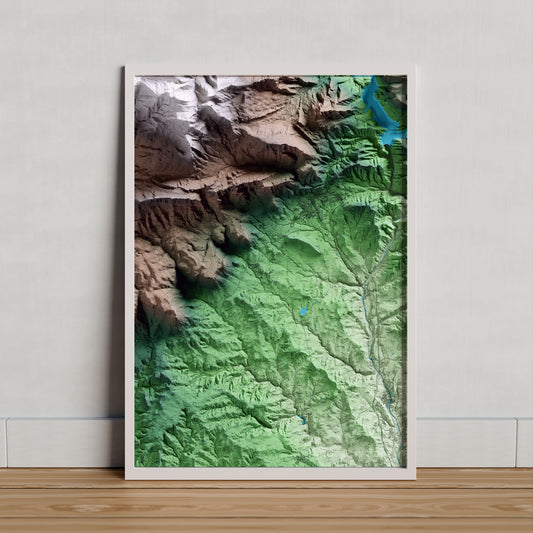 Mapa artístico del relieve de Avià, al Berguedà, con 15 km de entorno y base topográfica ICGC. Presentación enmarcada.