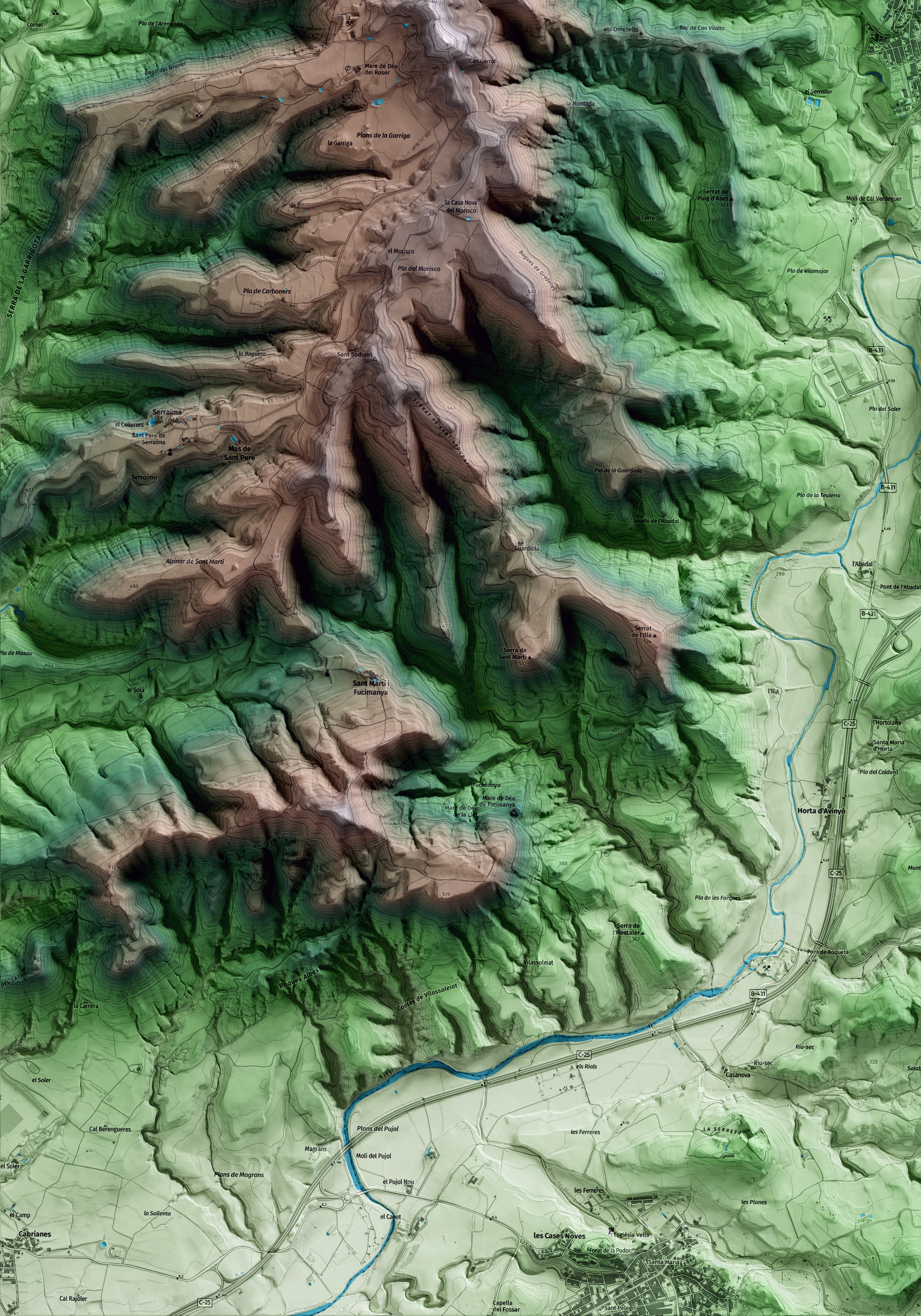 Mapa artístic del relleu d’Avinyó, al Bages, amb 15 km d’entorn i base topogràfica ICGC. Detall de la zona inferior esquerra.