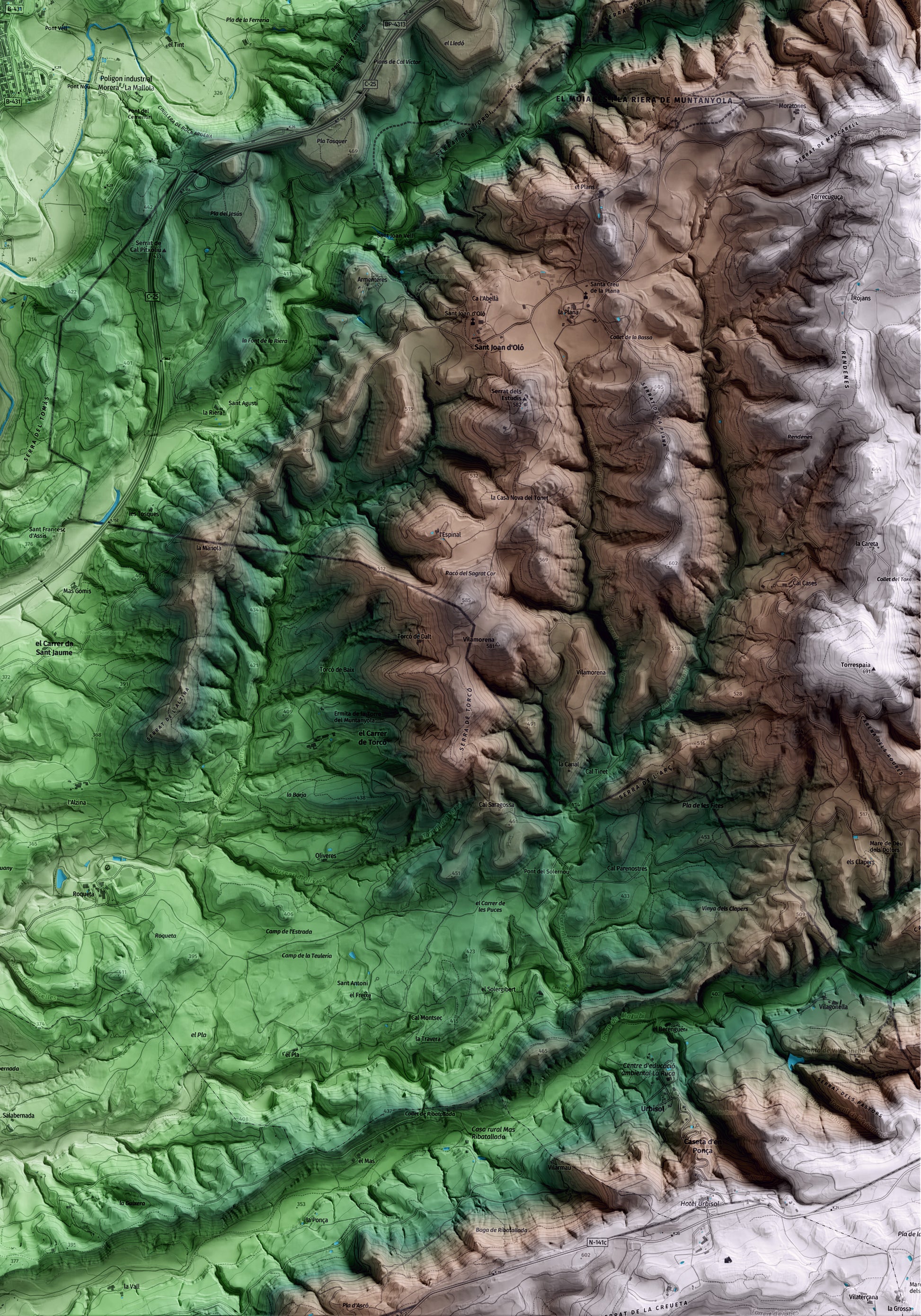Mapa artístic del relleu d’Avinyó, al Bages, amb 15 km d’entorn i base topogràfica ICGC. Detall de la zona inferior dreta.