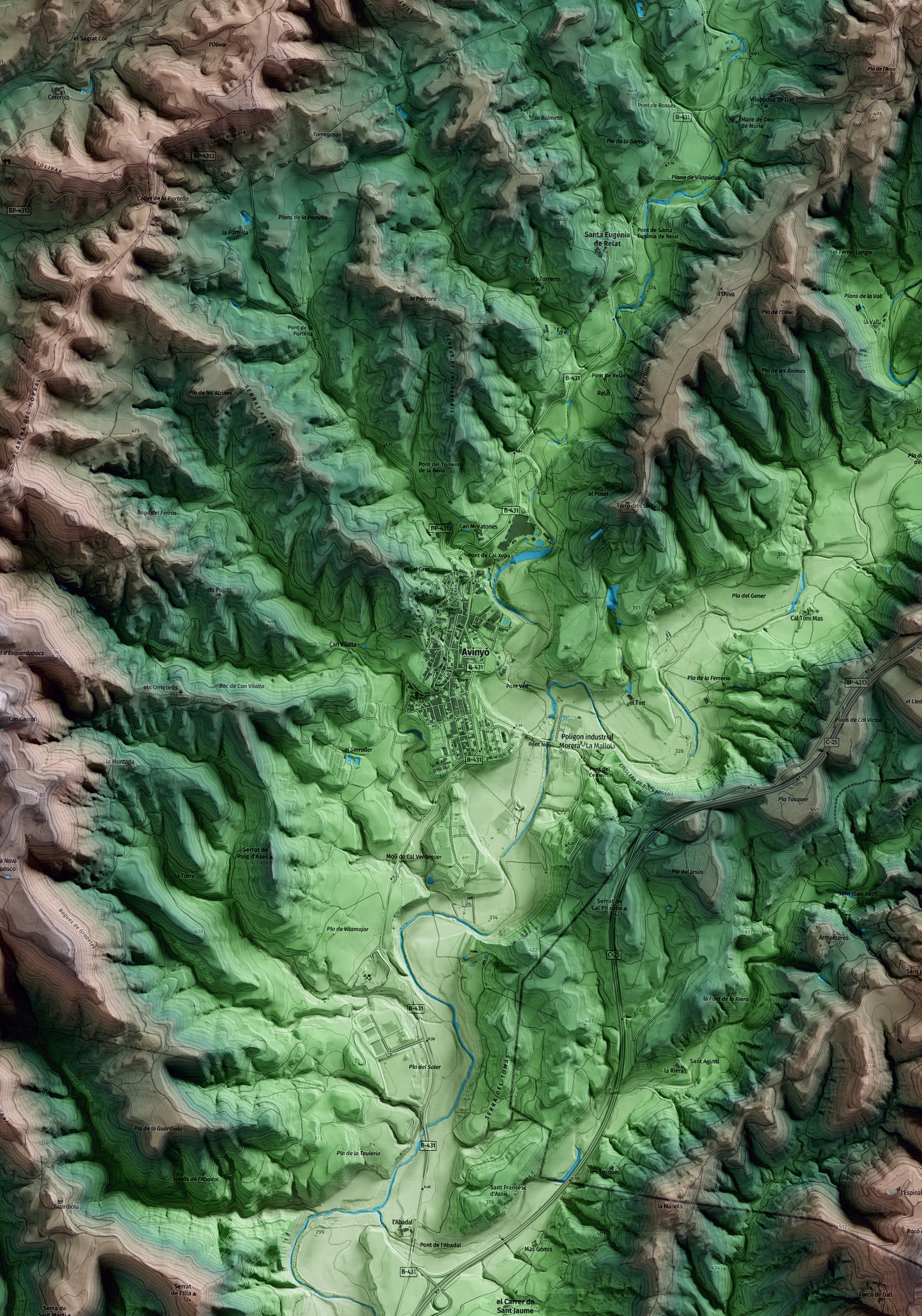 Mapa artístic del relleu d’Avinyó, al Bages, amb 15 km d’entorn i base topogràfica ICGC. Detall de la zona central.
