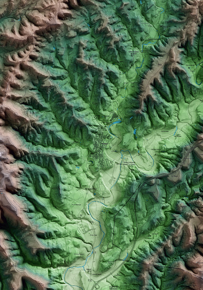 Mapa artístic del relleu d’Avinyó, al Bages, amb 15 km d’entorn i base topogràfica ICGC. Detall de la zona central.