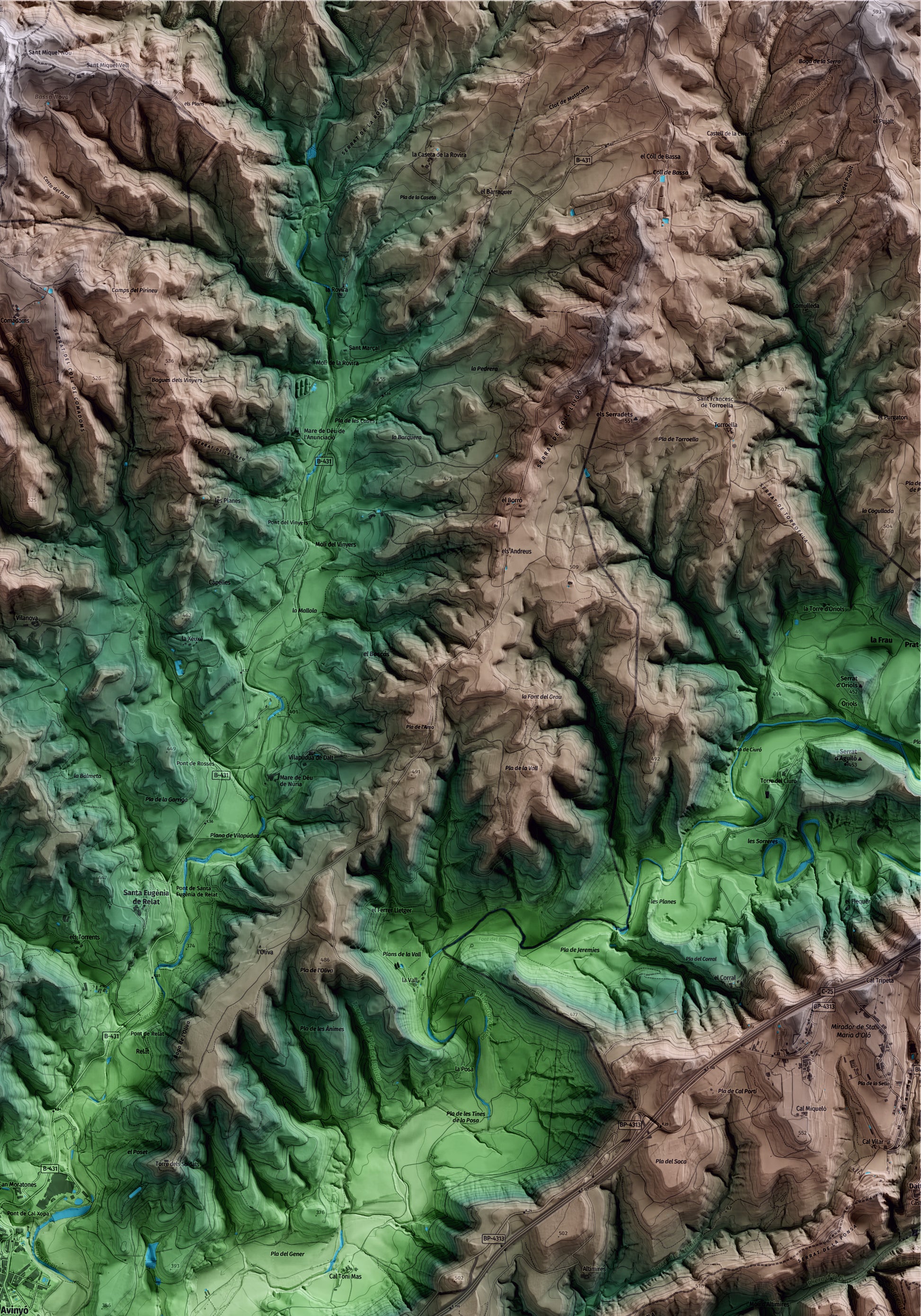 Mapa artístic del relleu d’Avinyó, al Bages, amb 15 km d’entorn i base topogràfica ICGC. Detall de la zona superior dreta.