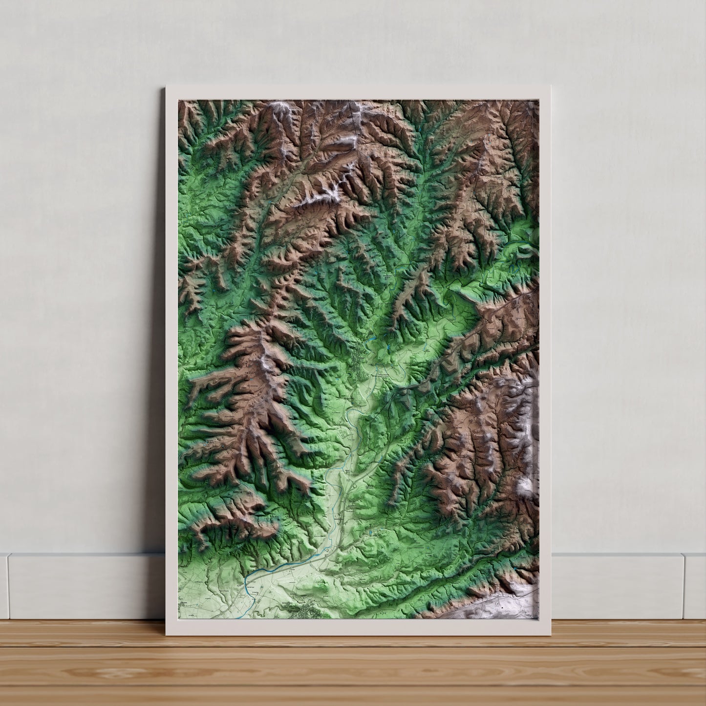 Mapa artístic del relleu d’Avinyó, al Bages, amb 15 km d’entorn i base topogràfica ICGC. Presentació emmarcada.