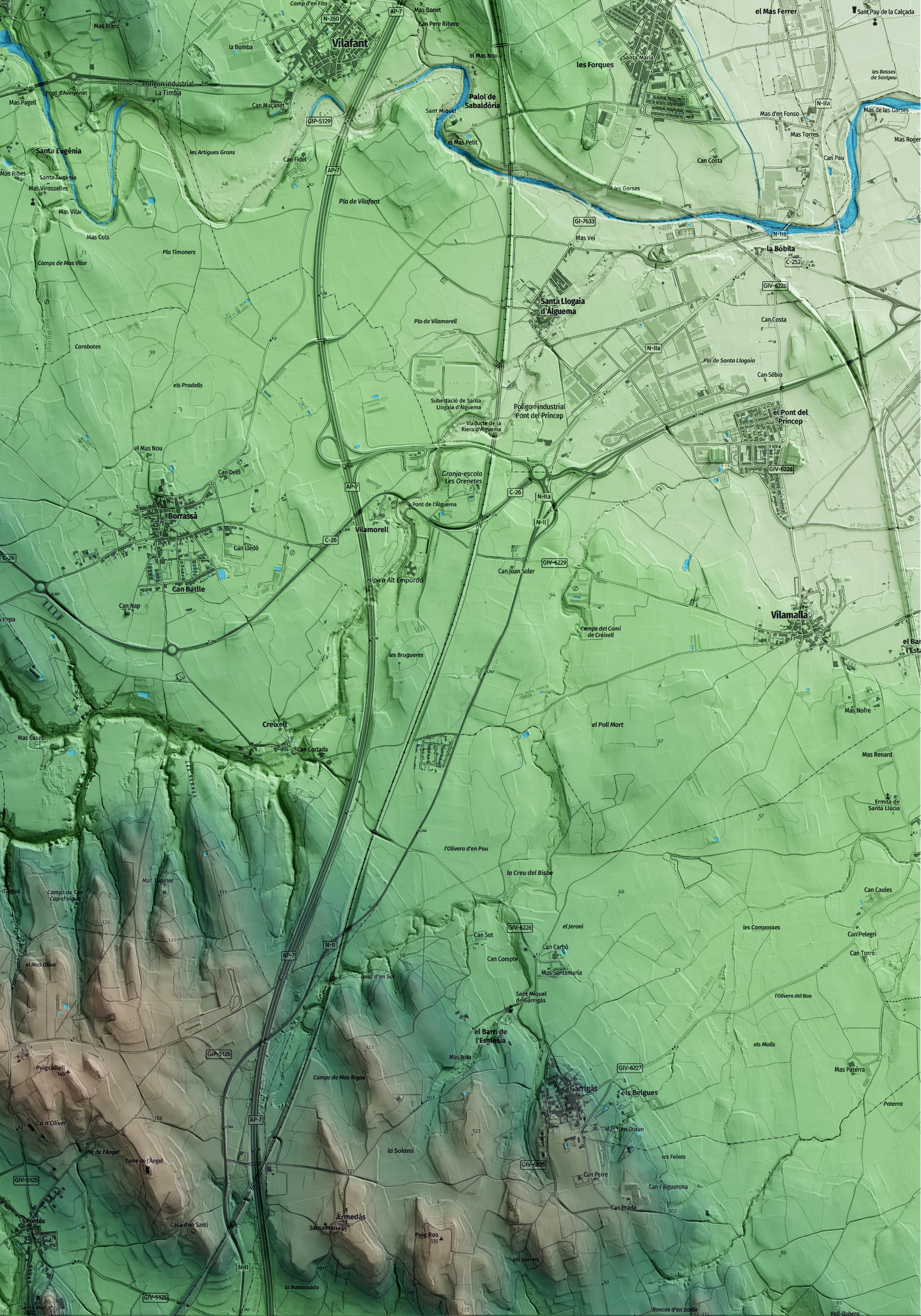 Mapa artístico del relieve de Avinyonet de Puigventós, al Alt Empordà, con 15 km de entorno y base topográfica ICGC. Detalle de la zona inferior derecha.