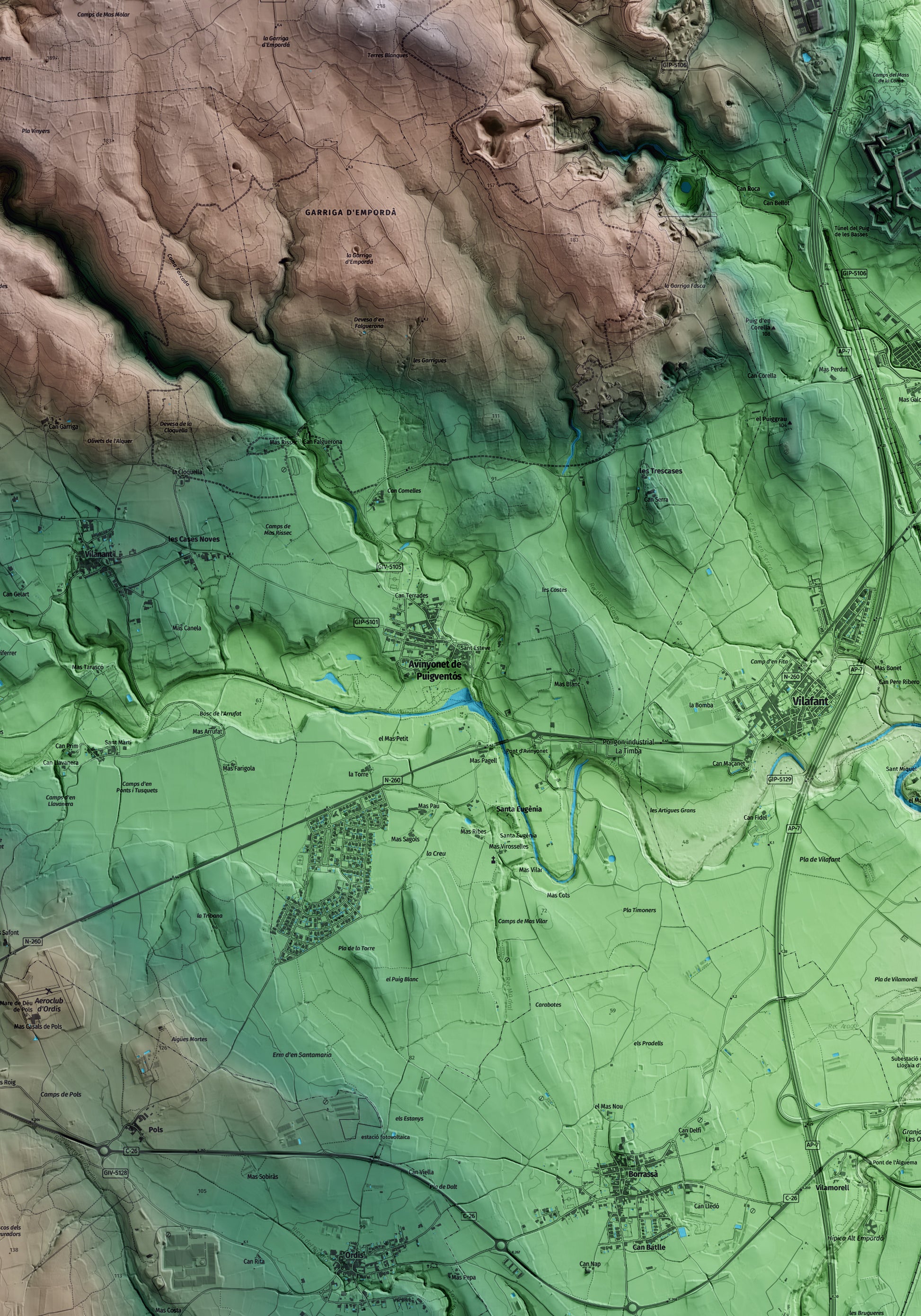 Mapa artístico del relieve de Avinyonet de Puigventós, al Alt Empordà, con 15 km de entorno y base topográfica ICGC. Detalle de la zona central.
