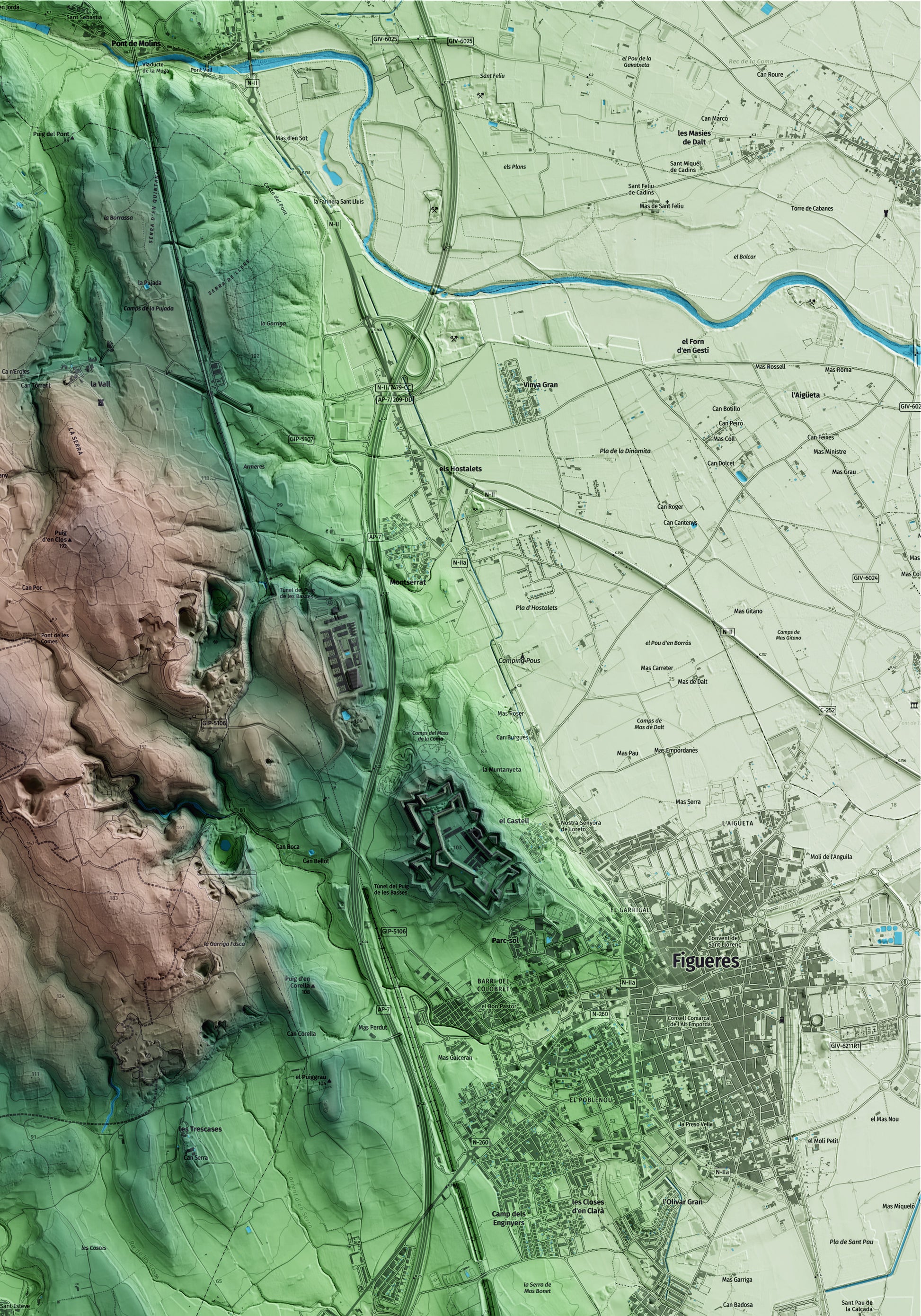 Mapa artístico del relieve de Avinyonet de Puigventós, al Alt Empordà, con 15 km de entorno y base topográfica ICGC. Detalle de la zona superior derecha.