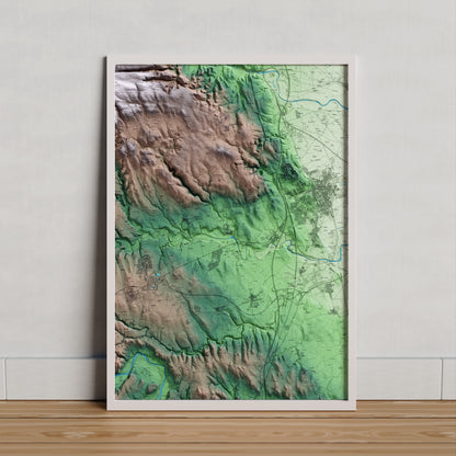 Mapa artístico del relieve de Avinyonet de Puigventós, al Alt Empordà, con 15 km de entorno y base topográfica ICGC. Presentación enmarcada.