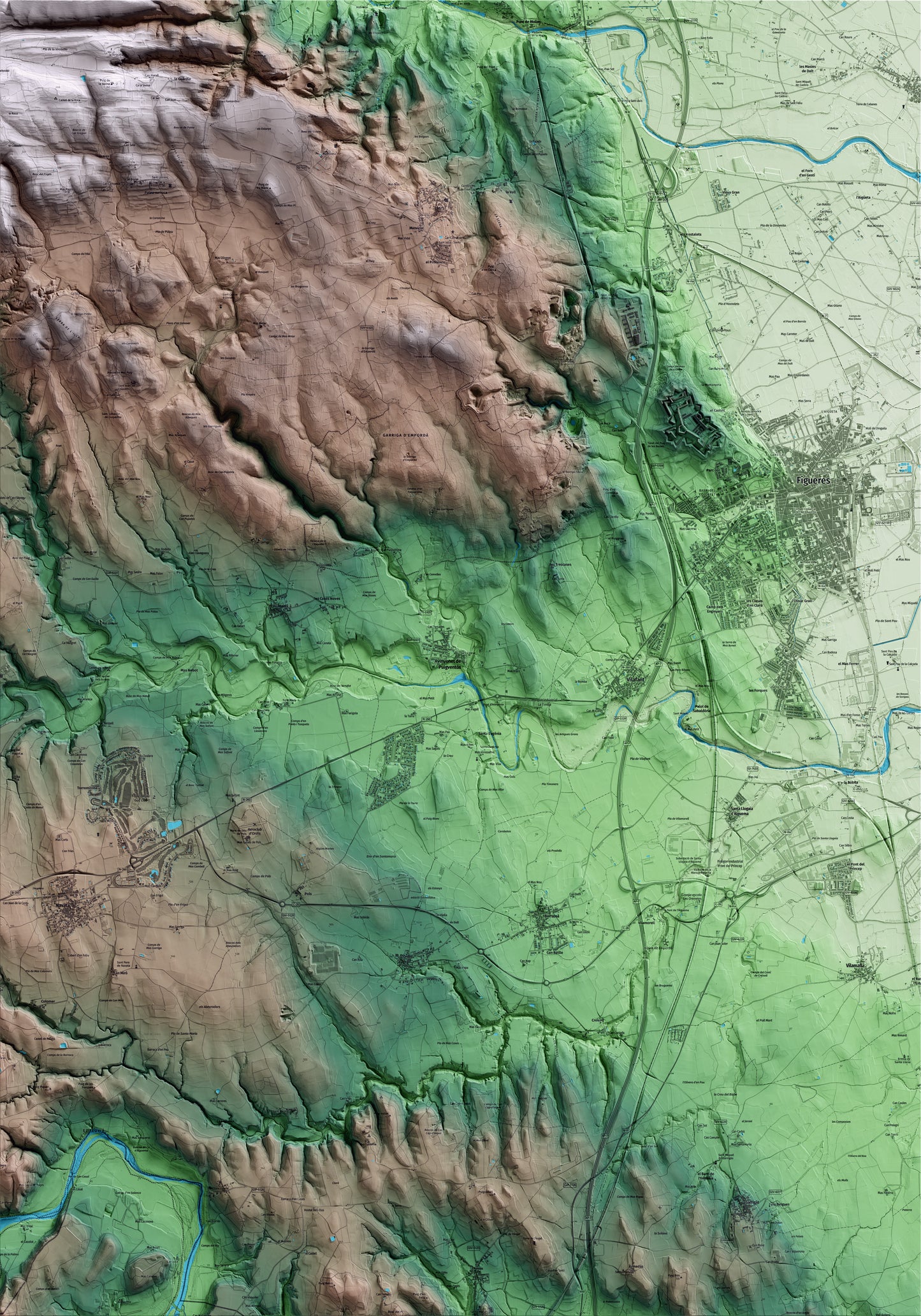 Mapa artístico del relieve de Avinyonet de Puigventós, al Alt Empordà, con 15 km de entorno y base topográfica ICGC