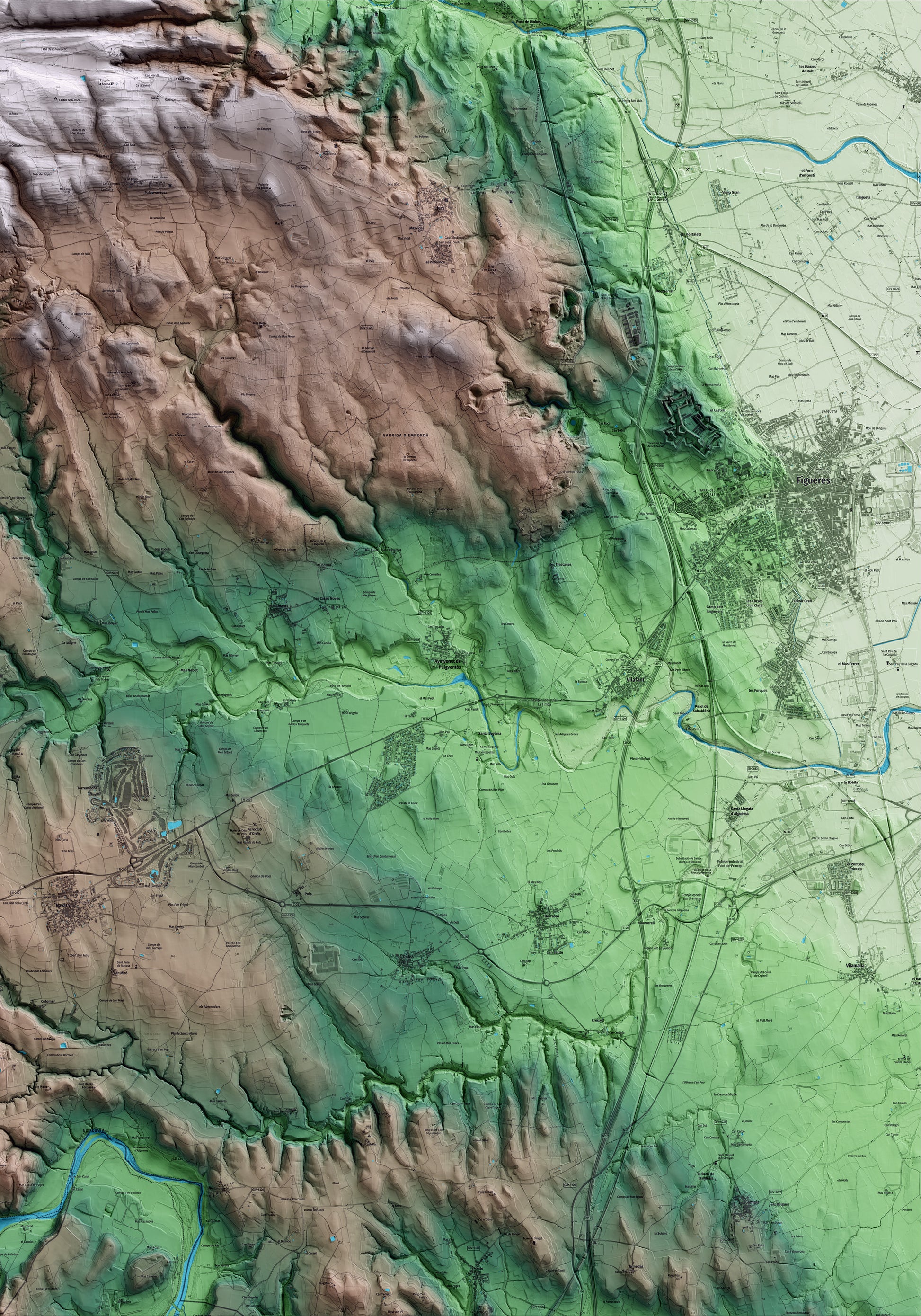 Mapa artístico del relieve de Avinyonet de Puigventós, al Alt Empordà, con 15 km de entorno y base topográfica ICGC