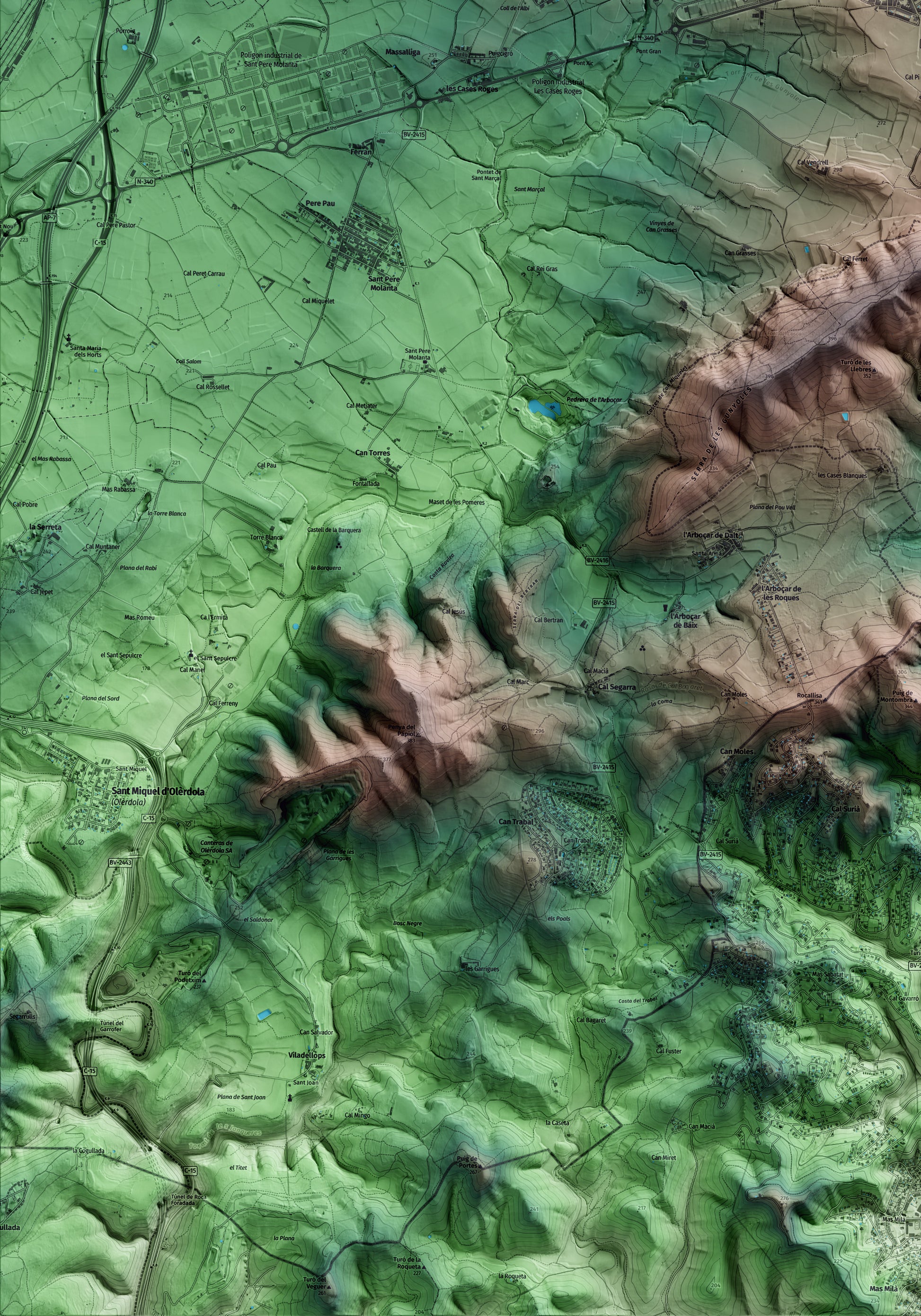 Mapa artístico del relieve de Avinyonet del Penedès, al Alt Penedès, con 15 km de entorno y base topográfica ICGC. Detalle de la zona inferior izquierda.