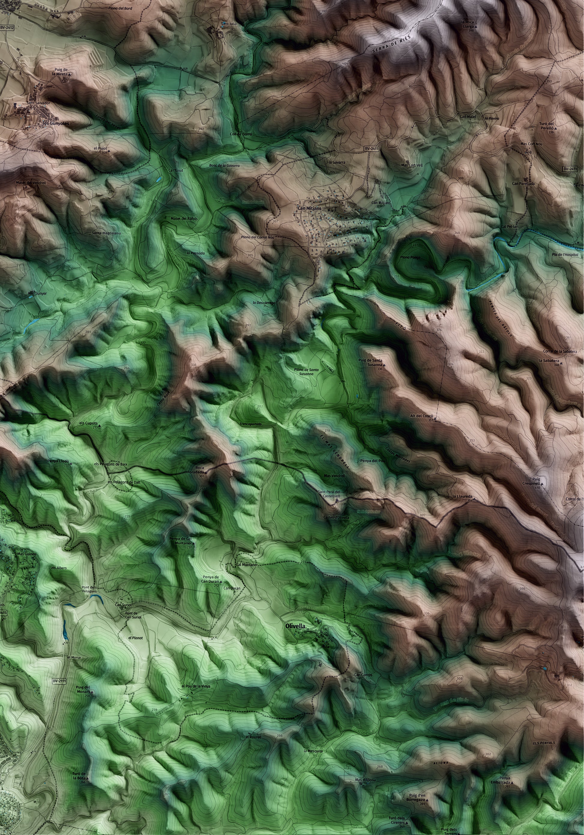 Mapa artístico del relieve de Avinyonet del Penedès, al Alt Penedès, con 15 km de entorno y base topográfica ICGC. Detalle de la zona inferior derecha.