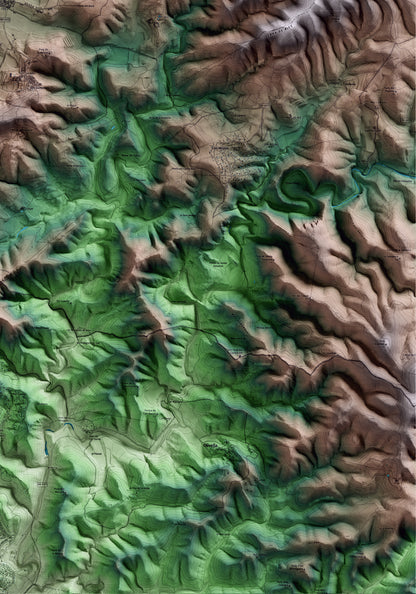 Mapa artístico del relieve de Avinyonet del Penedès, al Alt Penedès, con 15 km de entorno y base topográfica ICGC. Detalle de la zona inferior derecha.
