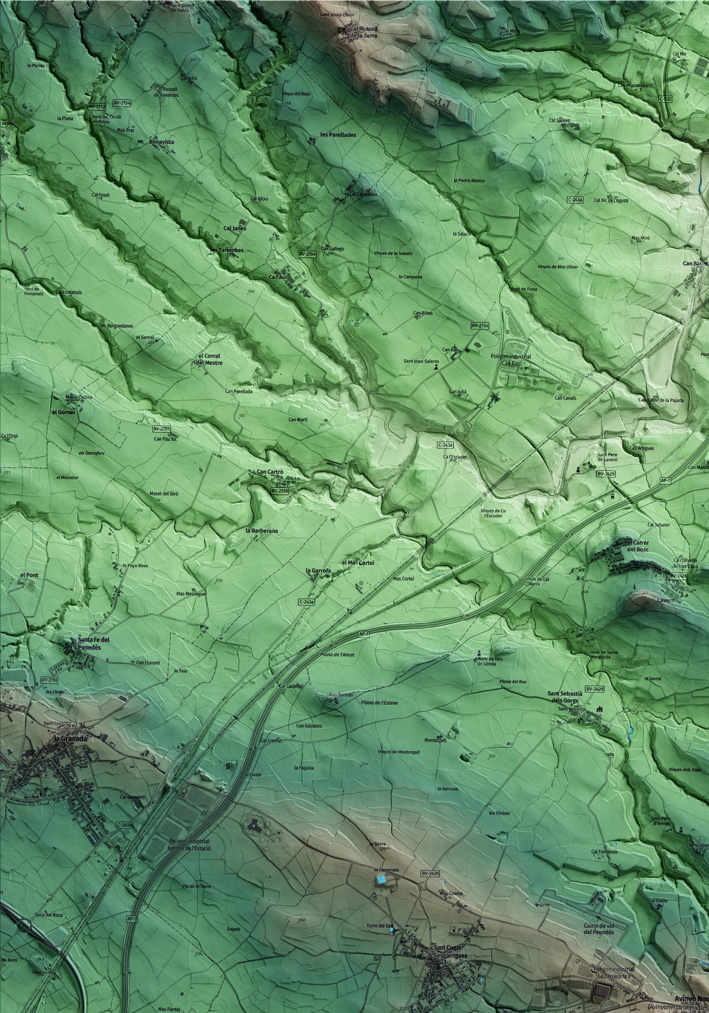 Mapa artístico del relieve de Avinyonet del Penedès, al Alt Penedès, con 15 km de entorno y base topográfica ICGC. Detalle de la zona superior izquierda.