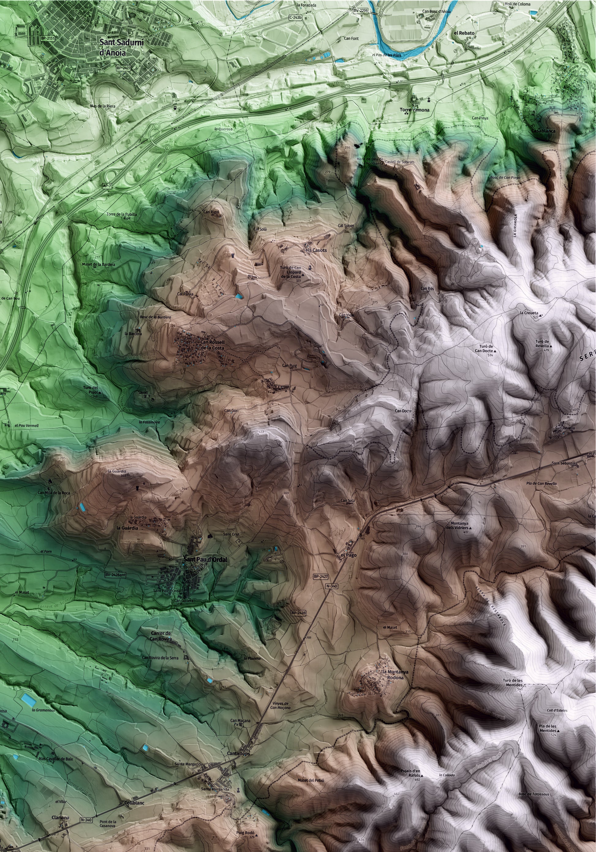 Mapa artístico del relieve de Avinyonet del Penedès, al Alt Penedès, con 15 km de entorno y base topográfica ICGC. Detalle de la zona superior derecha.